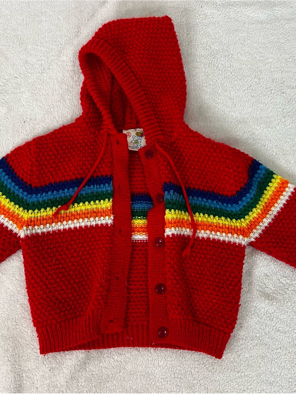Kids Red Hooded Knit Cardigan with Rainbow Stripe Detail